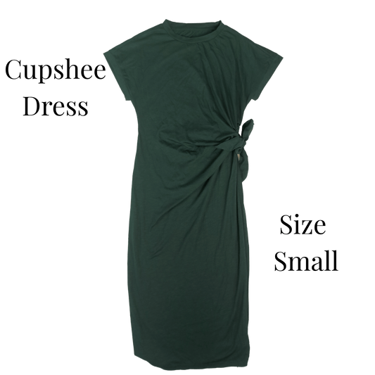 Green dress labeled 'Cupshee Dress' and 'Size Small' on a transparent background