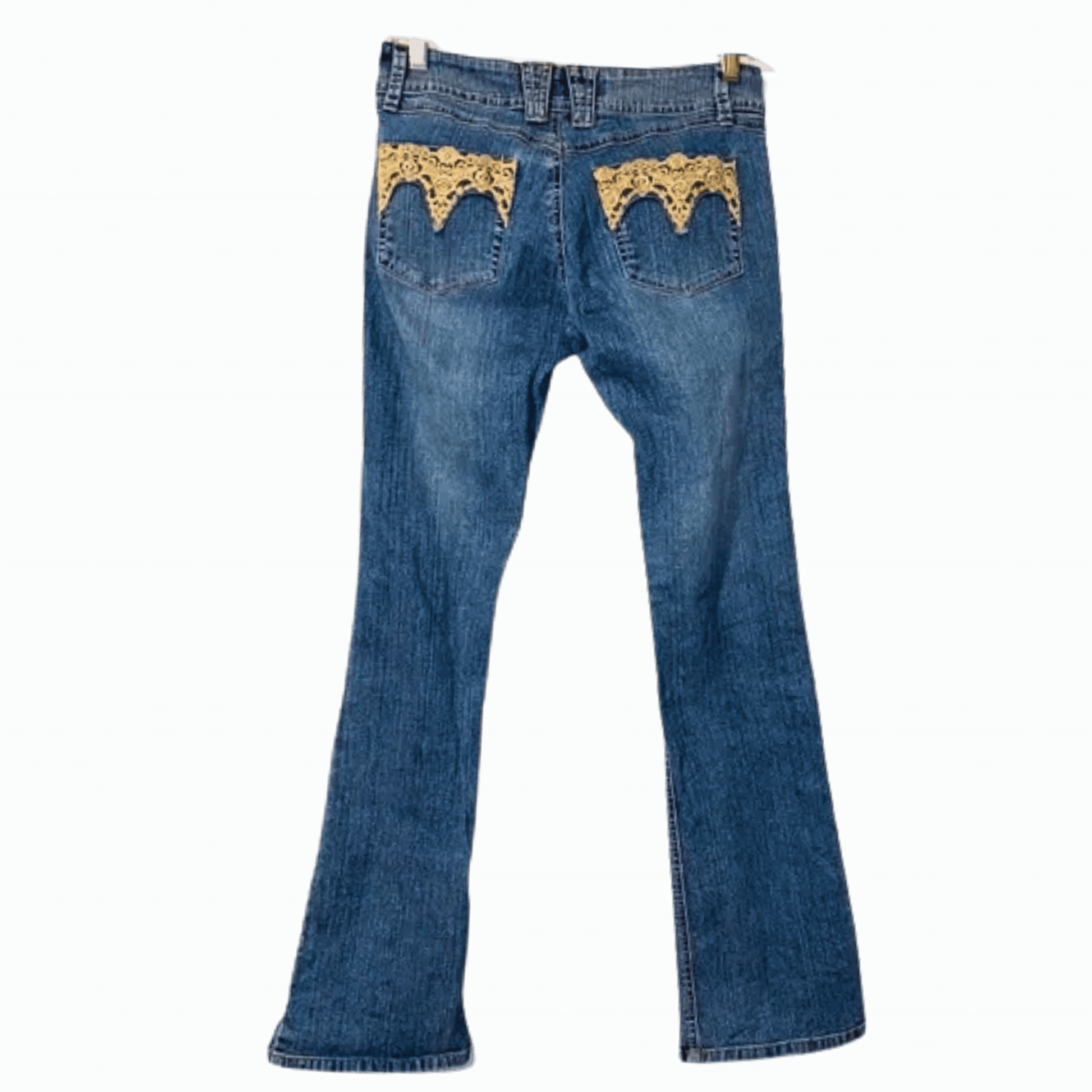 Blue jeans with gold lace details on a transparent background