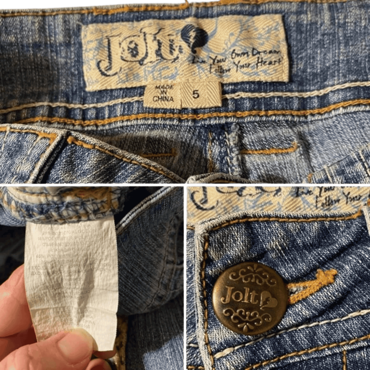 Close-up of blue jeans with 'Jolt' branding, including a button and label.
