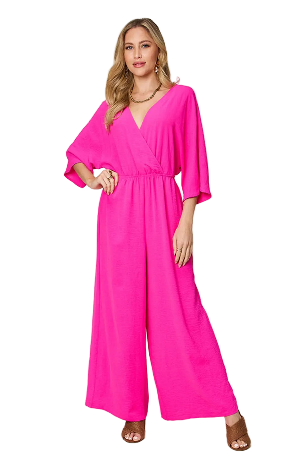 Double Take Full Size Surplice Wide Leg Jumpsuit with Pockets