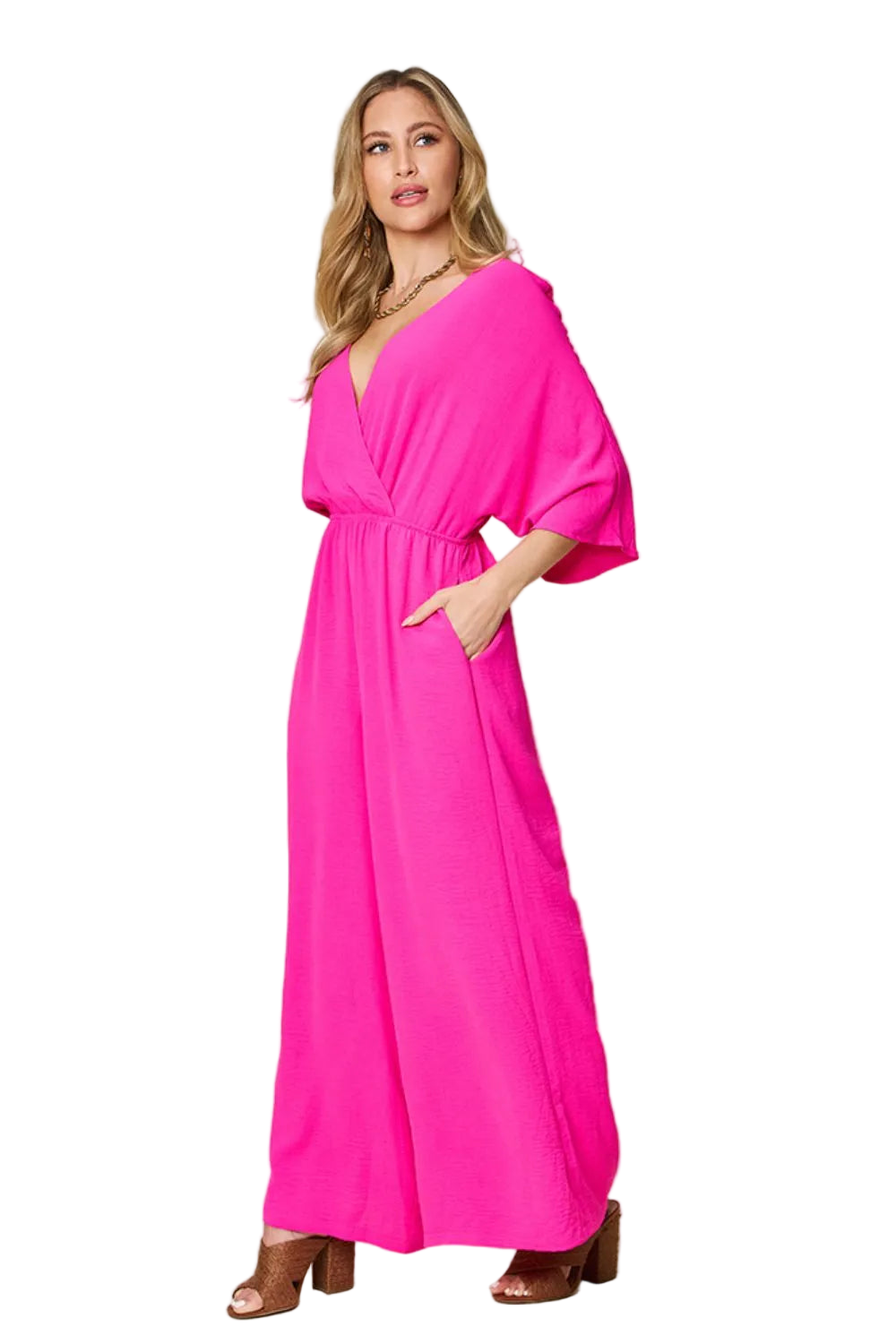 Double Take Full Size Surplice Wide Leg Jumpsuit with Pockets