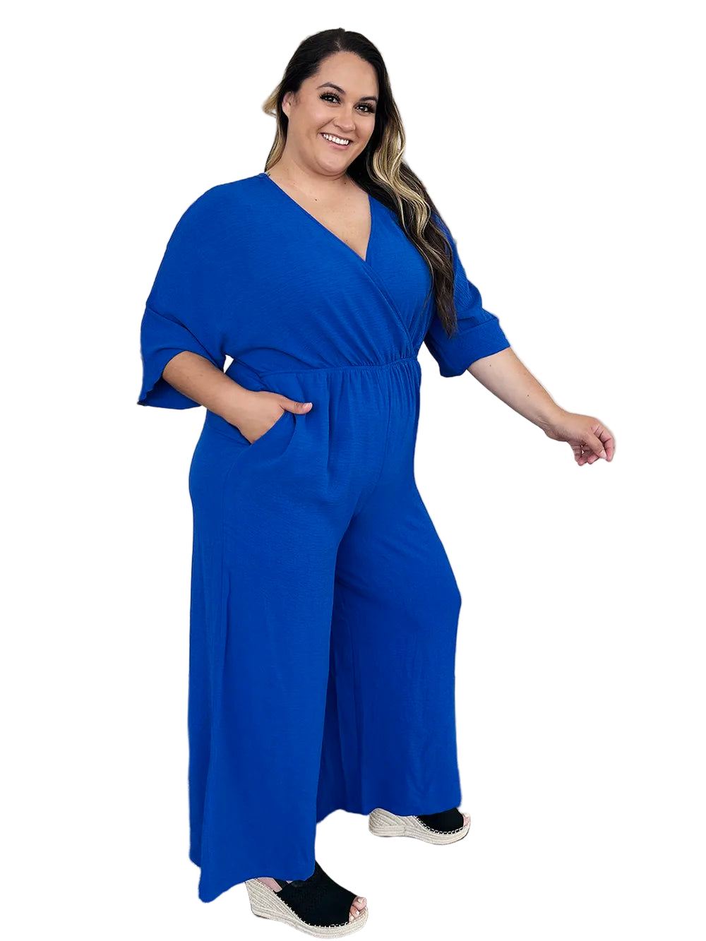 Double Take Full Size Surplice Wide Leg Jumpsuit with Pockets