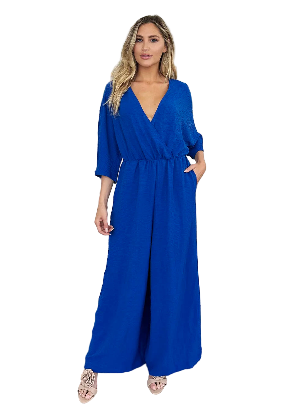 Double Take Full Size Surplice Wide Leg Jumpsuit with Pockets