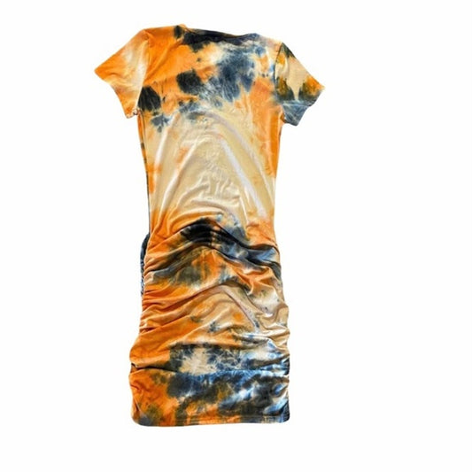 Tie-dye dress with orange, blue, and black pattern on a white background