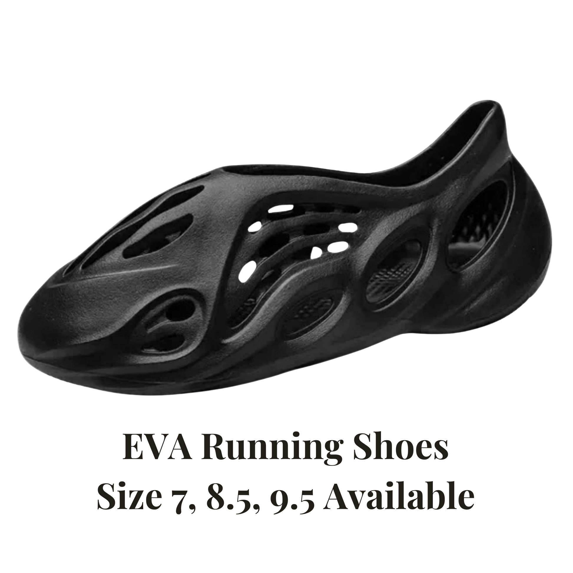 Black EVA running shoe on a transparent background with text indicating available sizes.