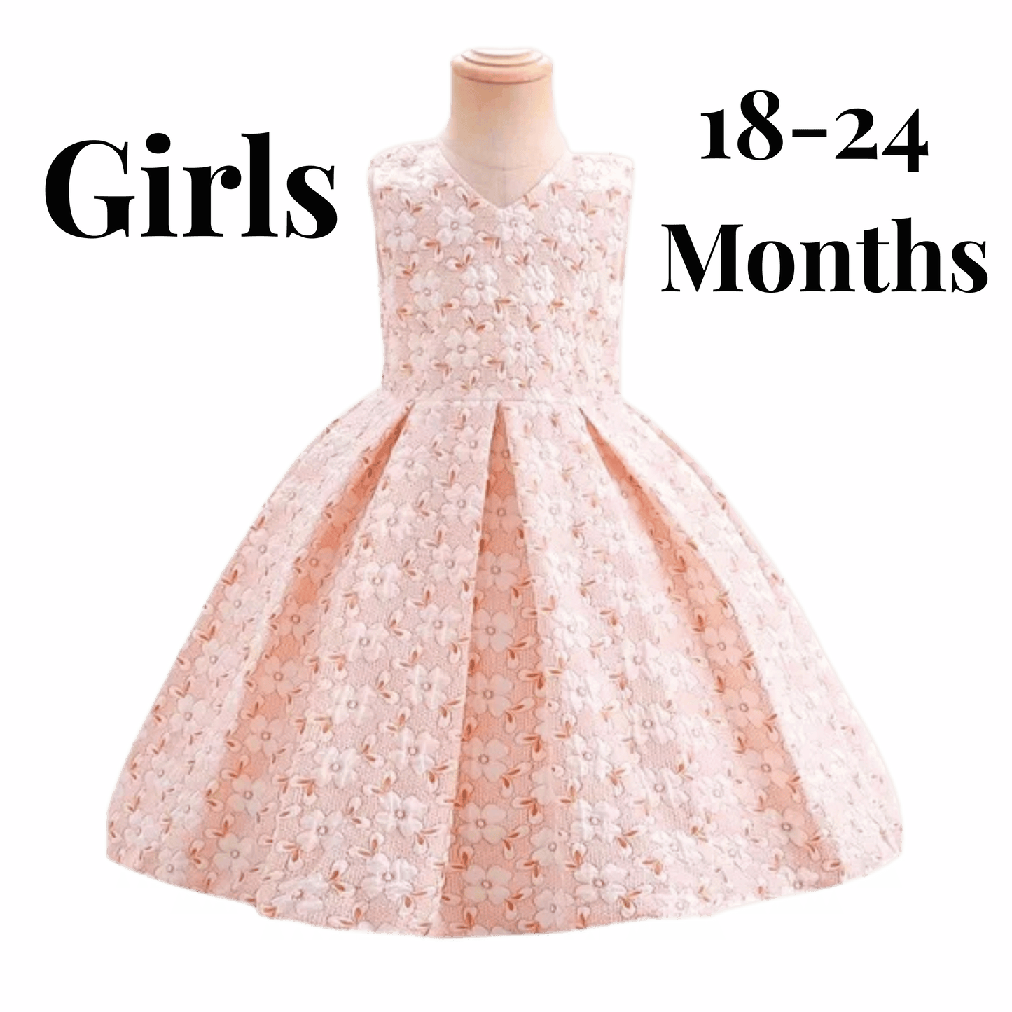 White dress on a mannequin with 'Girls 18-24 Months' text on a pink background