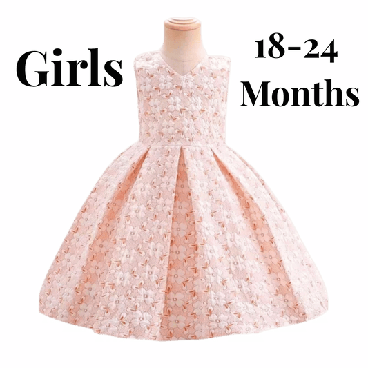 White dress on a mannequin with 'Girls 18-24 Months' text on a pink background