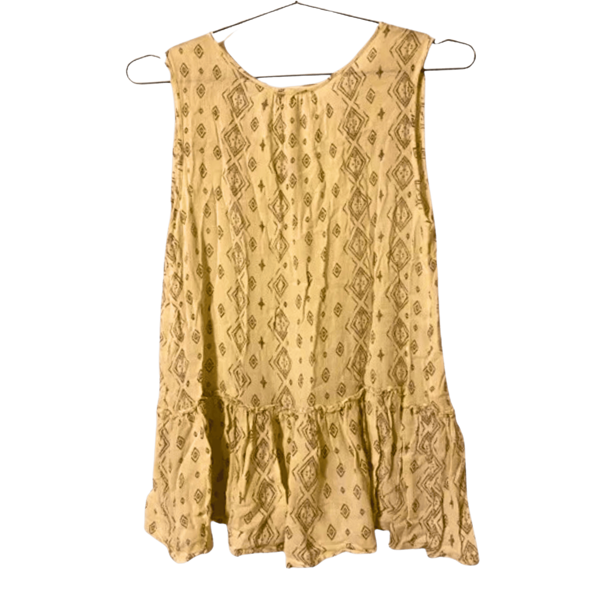 Yellow patterned dress on a hanger against a white background
