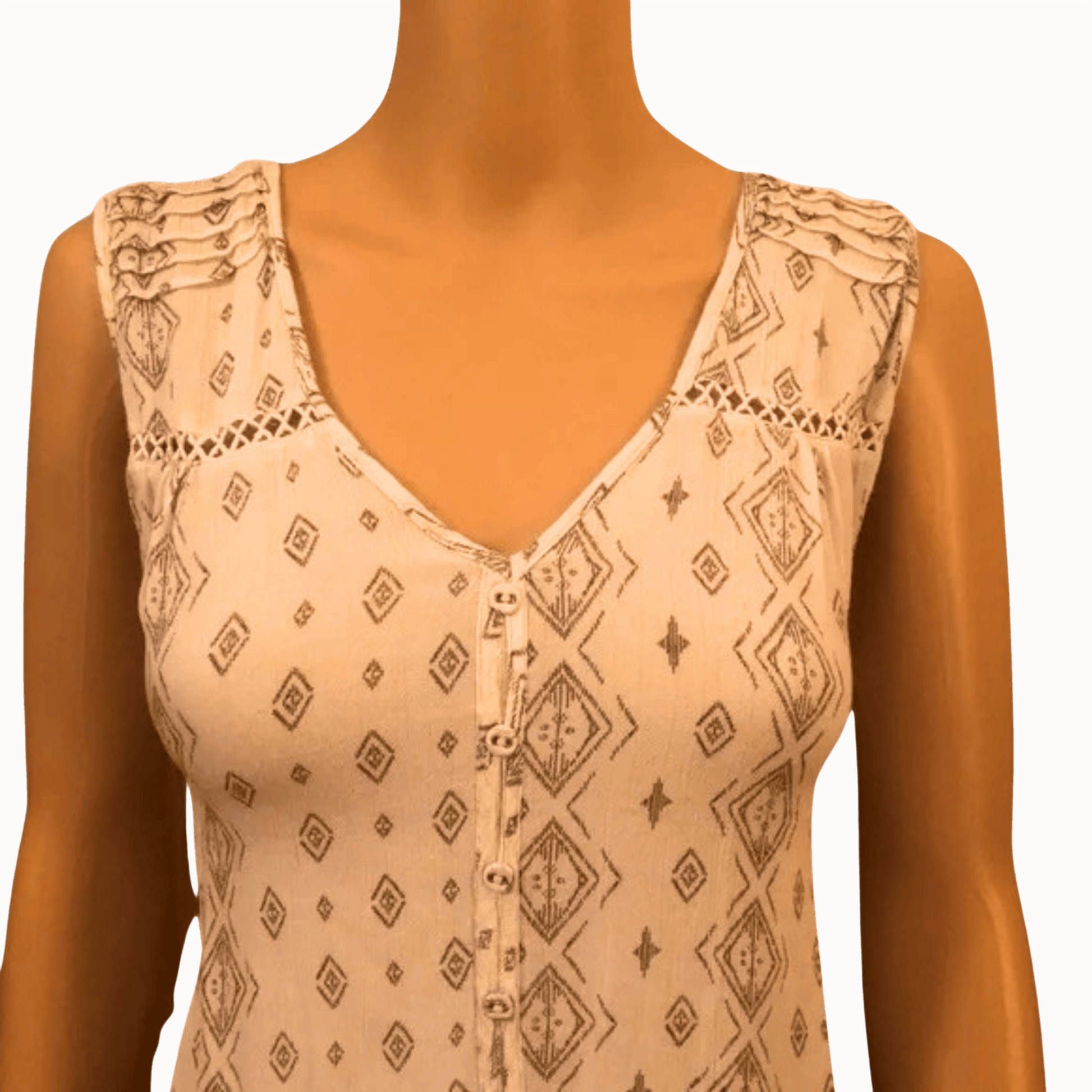 Beige sleeveless top with geometric pattern on a mannequin against a brown background