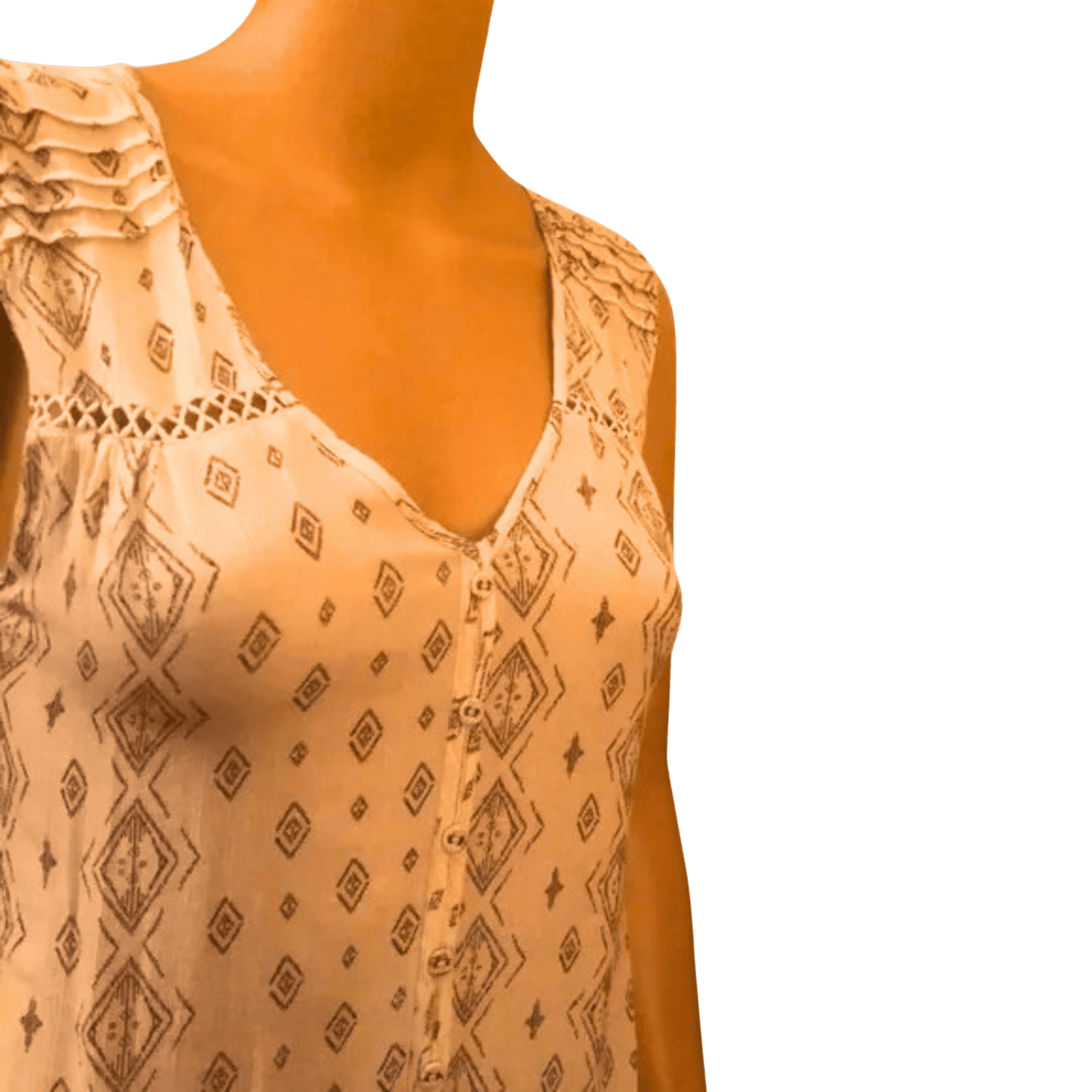 Mannequin wearing a beige tank top with black geometric pattern on a transparent background