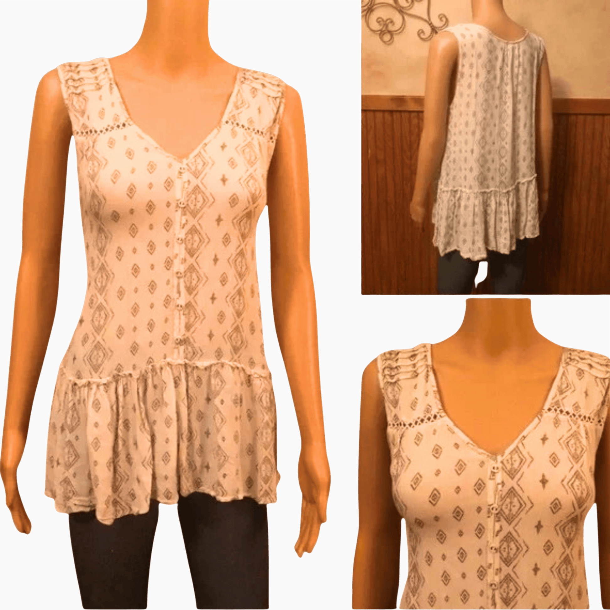 Beige patterned sleeveless top on a mannequin with close-up inset.