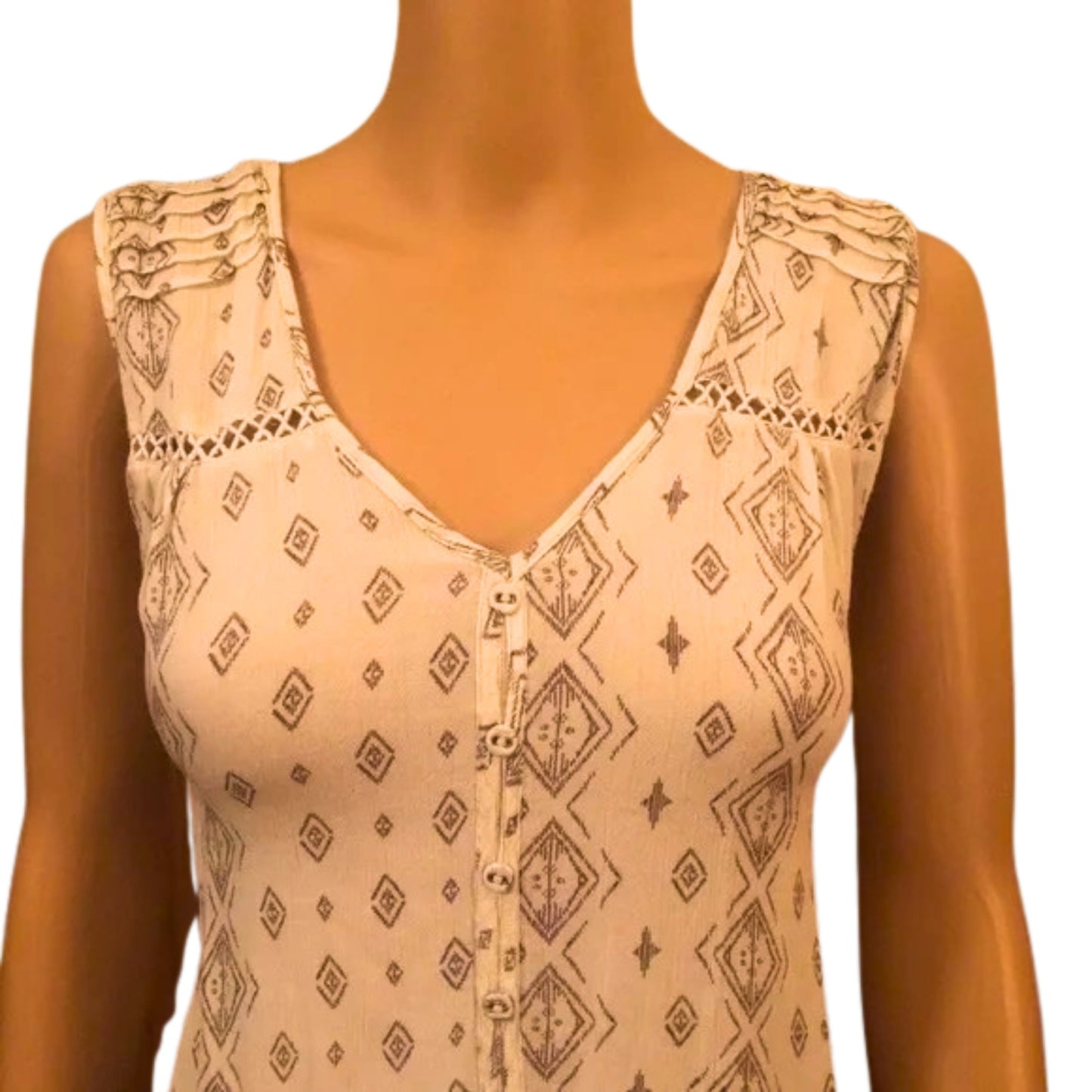 Beige tank top with geometric pattern on a mannequin against a white background