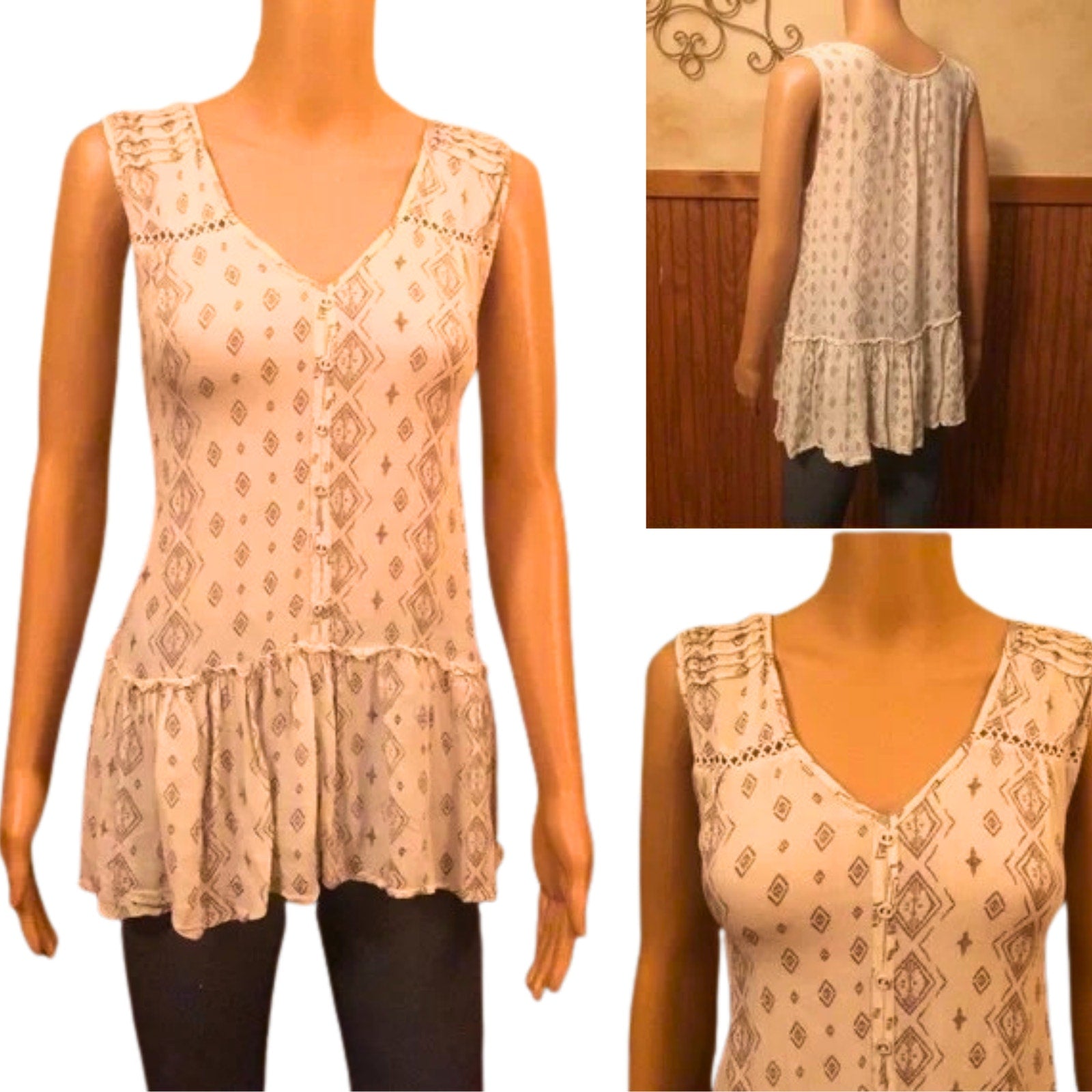 Beige patterned sleeveless top on a mannequin with close-up views against a neutral background.