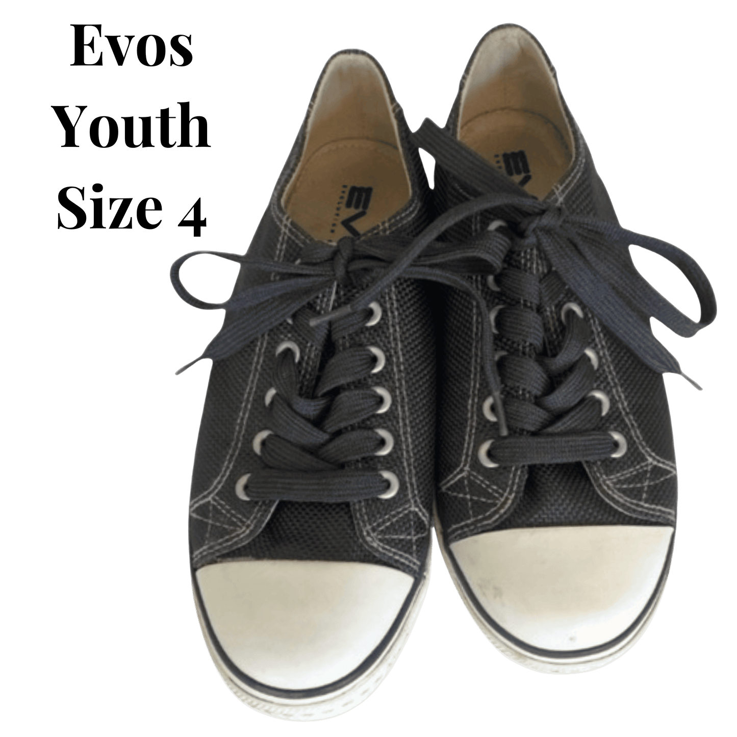 Black youth sneakers with white soles on a transparent background, labeled 'Evos Youth Size 4'.