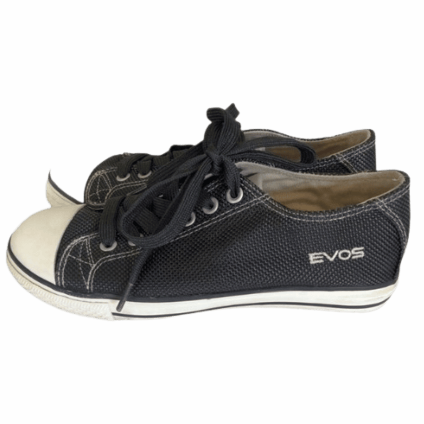 Black sneakers with white soles on a gray background, featuring the brand 'EVOS'.