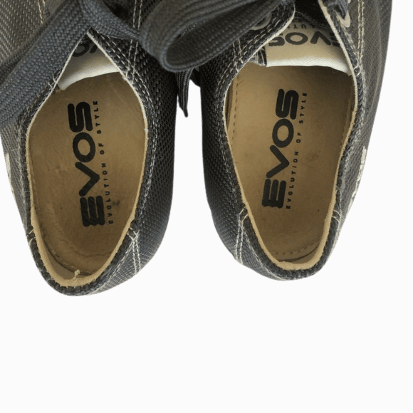 Close-up of gray sneakers with visible 'EVOS' branding on the soles against a dark background.