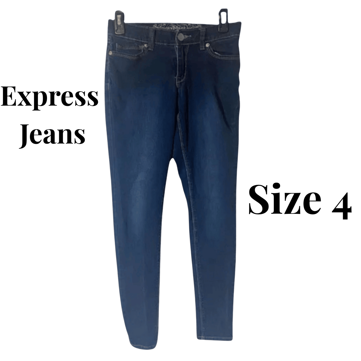 Blue jeans on a hanger with 'Express Jeans' and 'Size 4' text.