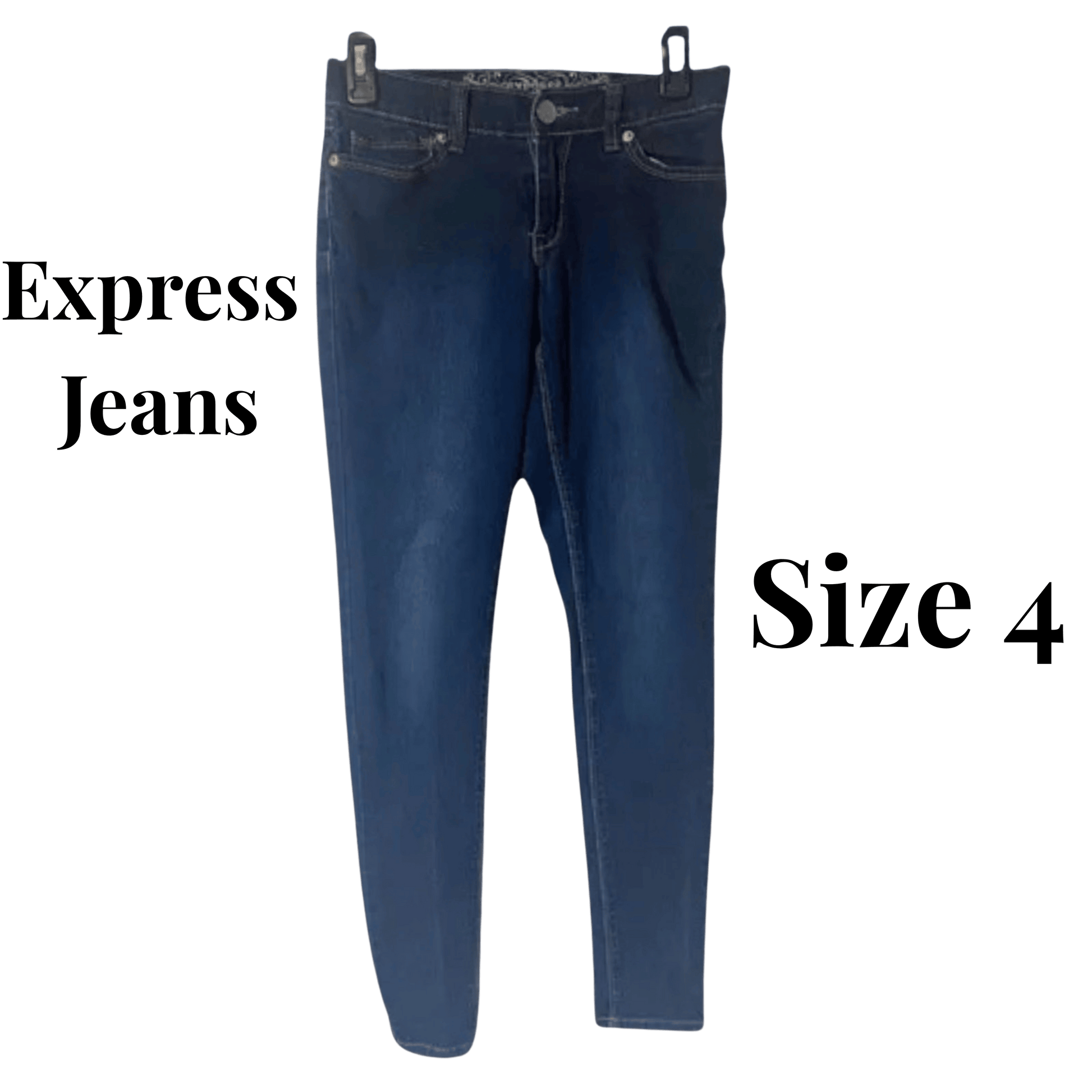 Blue jeans on a hanger with 'Express Jeans' and 'Size 4' text.