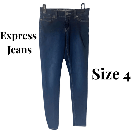 Blue jeans on a hanger with 'Express Jeans' and 'Size 4' text.