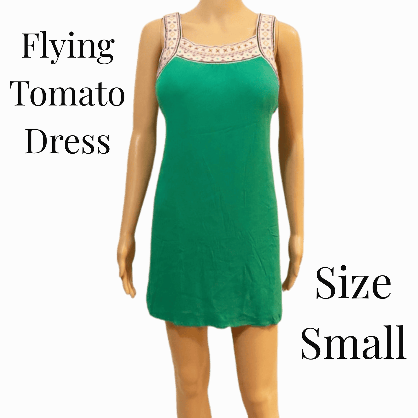 Green dress on a mannequin with 'Flying Tomato Dress' text and size 'Small' label.