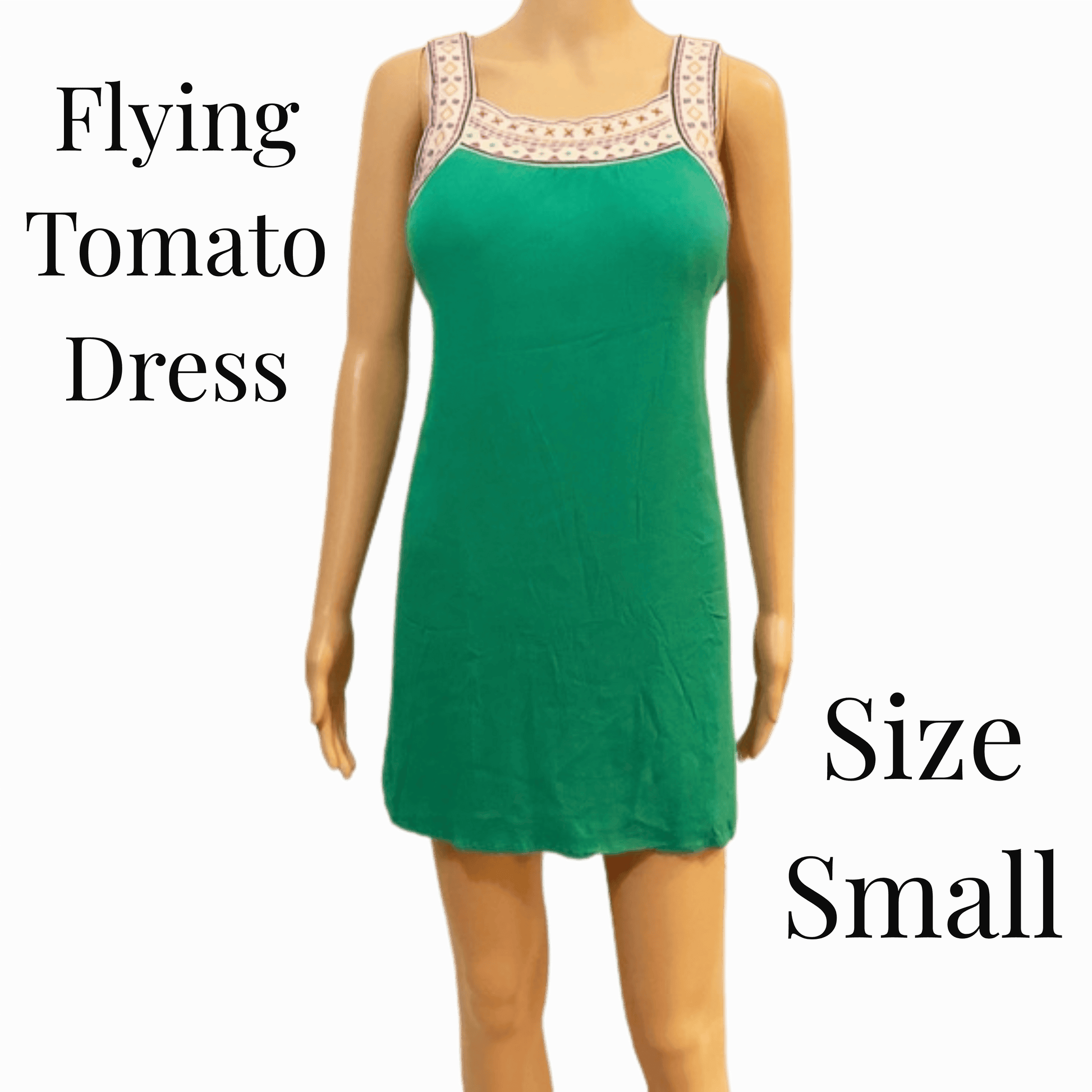 Green dress on a mannequin with 'Flying Tomato Dress' text and size 'Small' label.