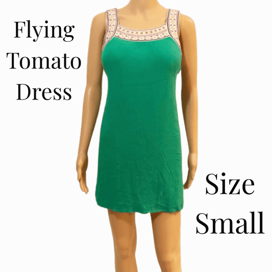 Green dress on a mannequin with 'Flying Tomato Dress' text and size 'Small' label.