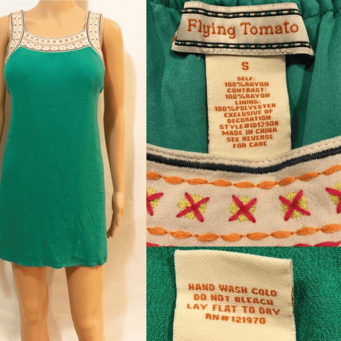 Green dress with embroidered details and 'Flying Tomato' label on a mannequin.