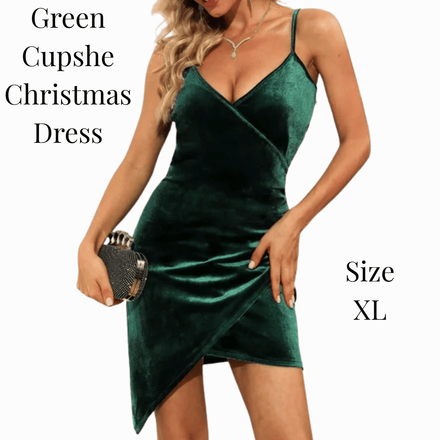 Green Cupshe Christmas Dress on a model with text indicating size XL