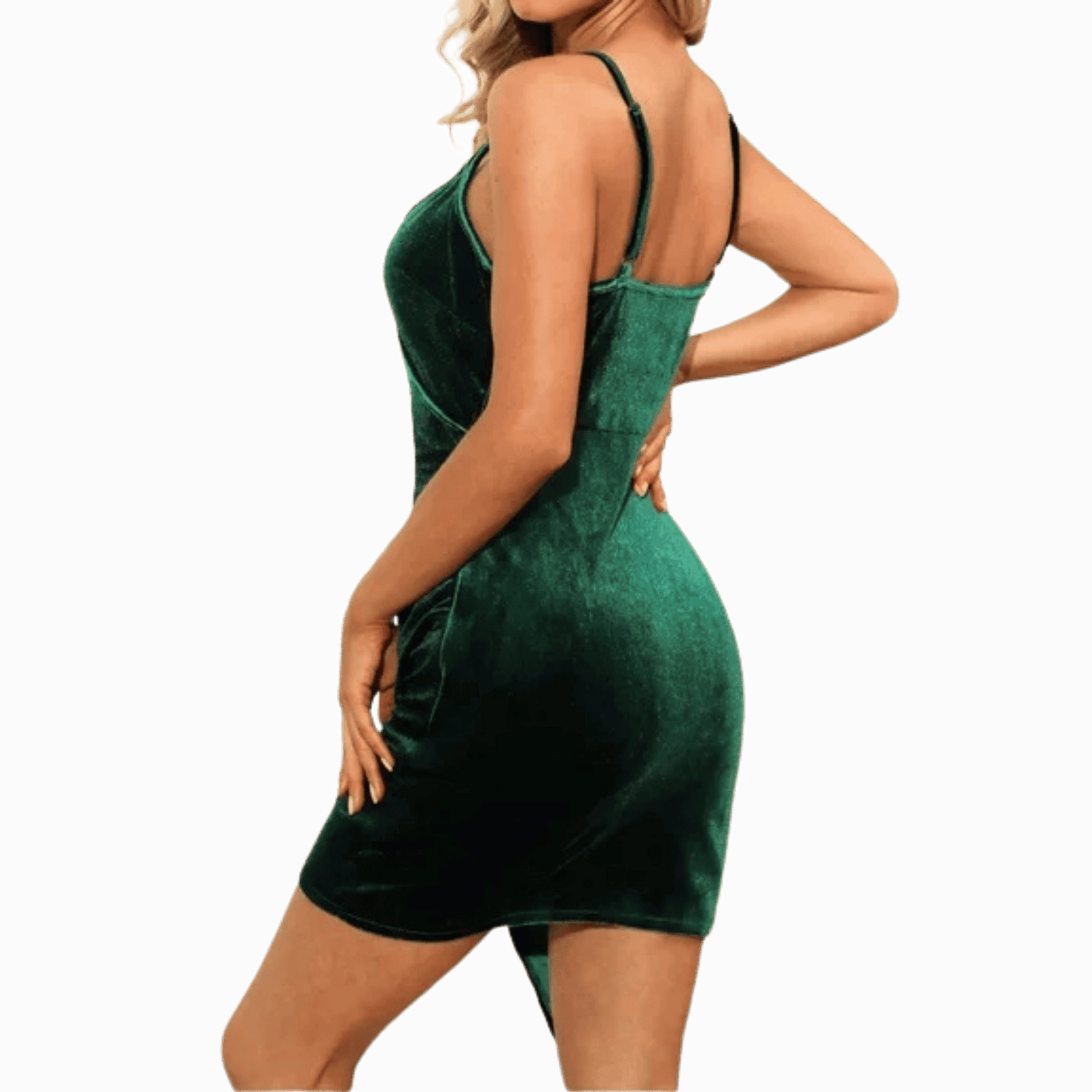 Green velvet dress worn by a model on a gray background