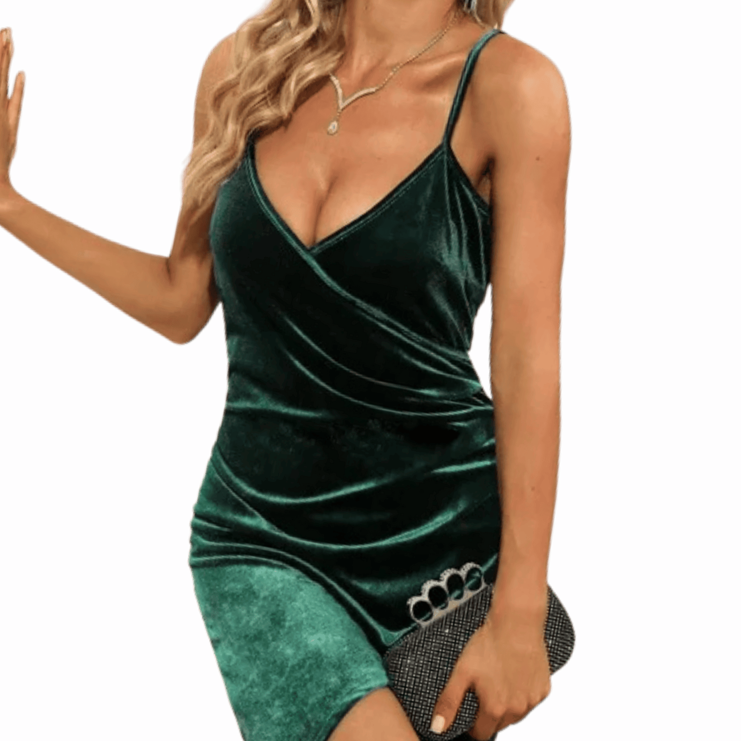 Woman wearing a green velvet dress with a purple background