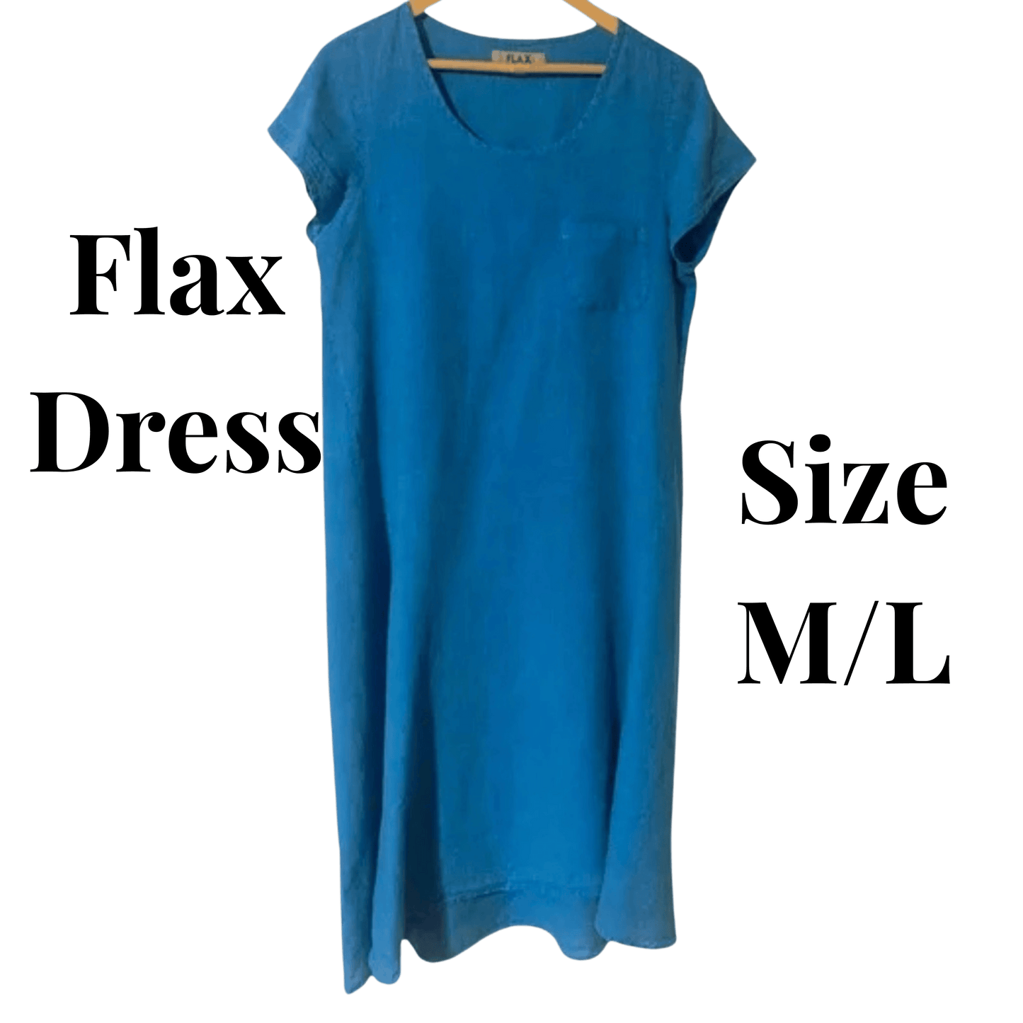 Blue dress on a hanger with text indicating 'Flax Dress' and 'Size M/L' on a transparent background