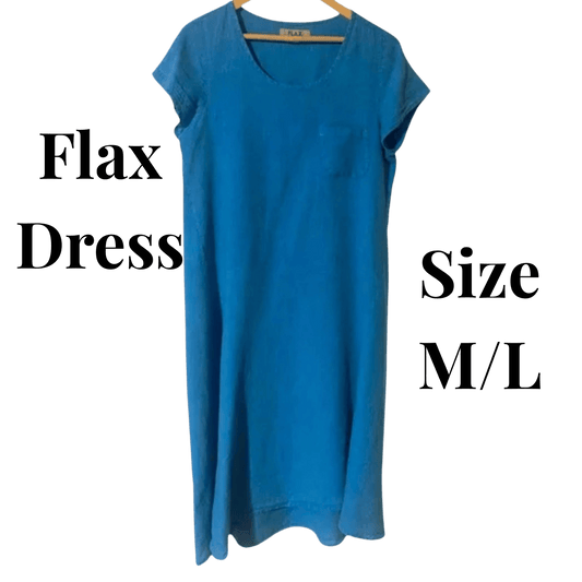 Blue dress on a hanger with text indicating 'Flax Dress' and 'Size M/L' on a transparent background