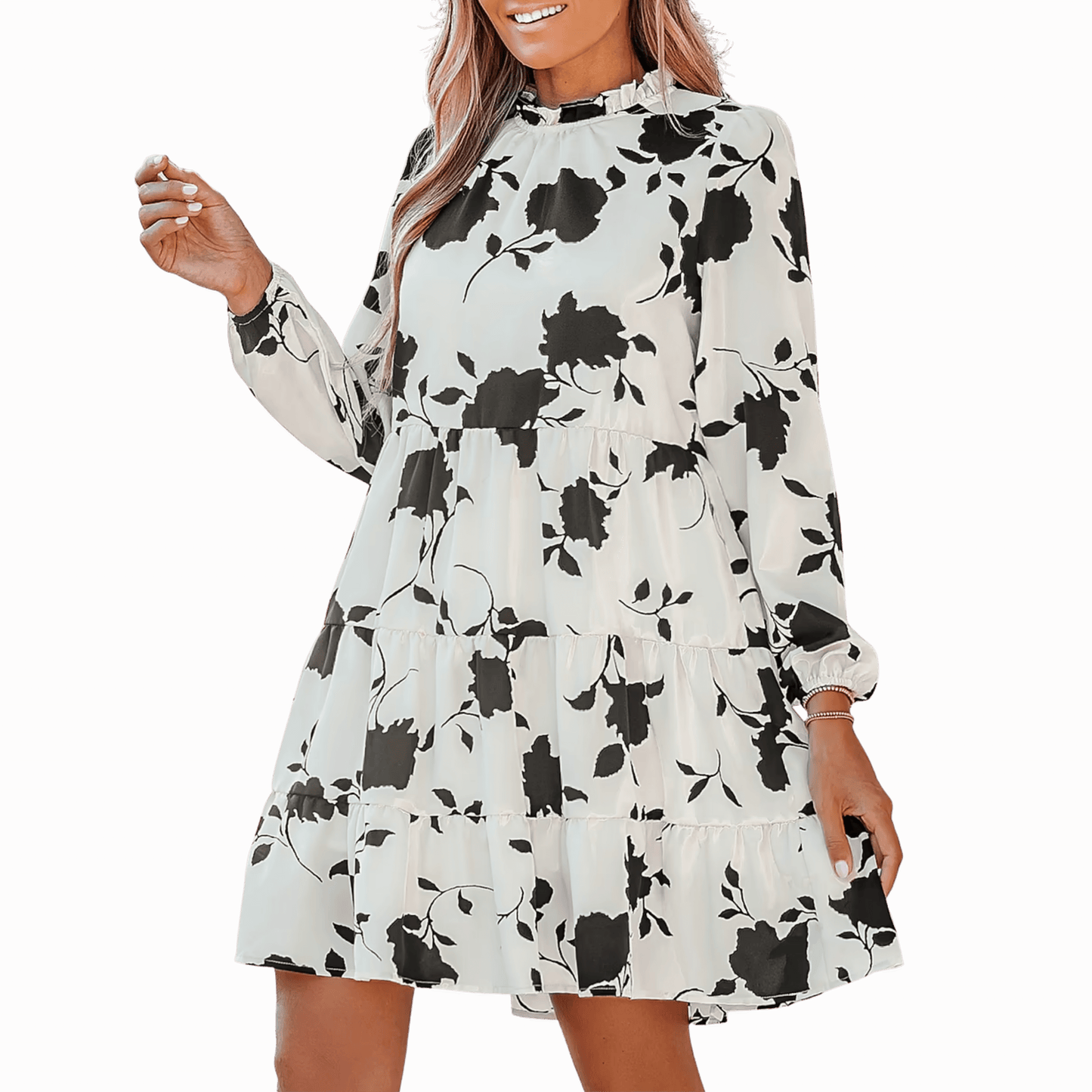 Woman wearing a floral dress with a brown background