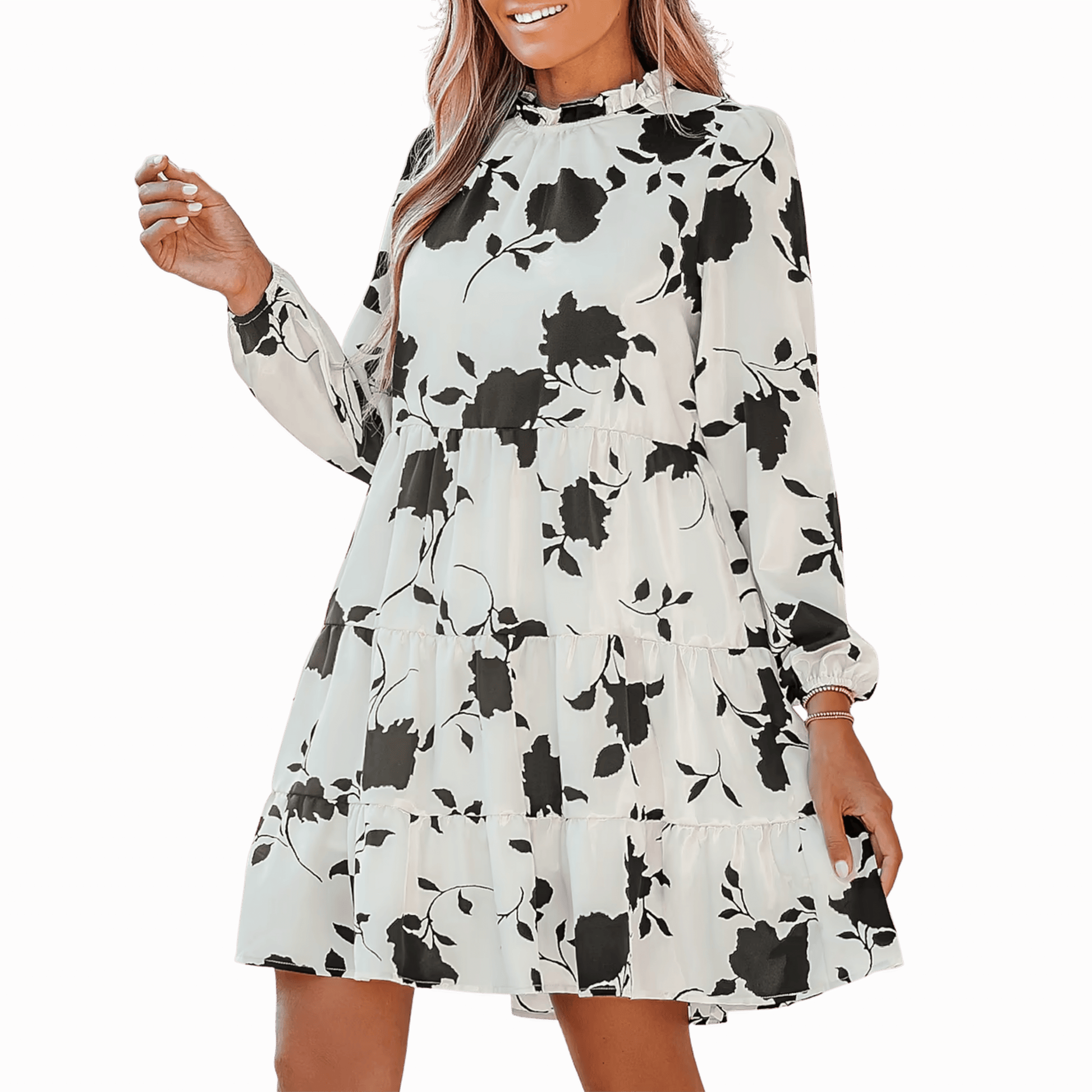 Woman wearing a floral dress with a brown background