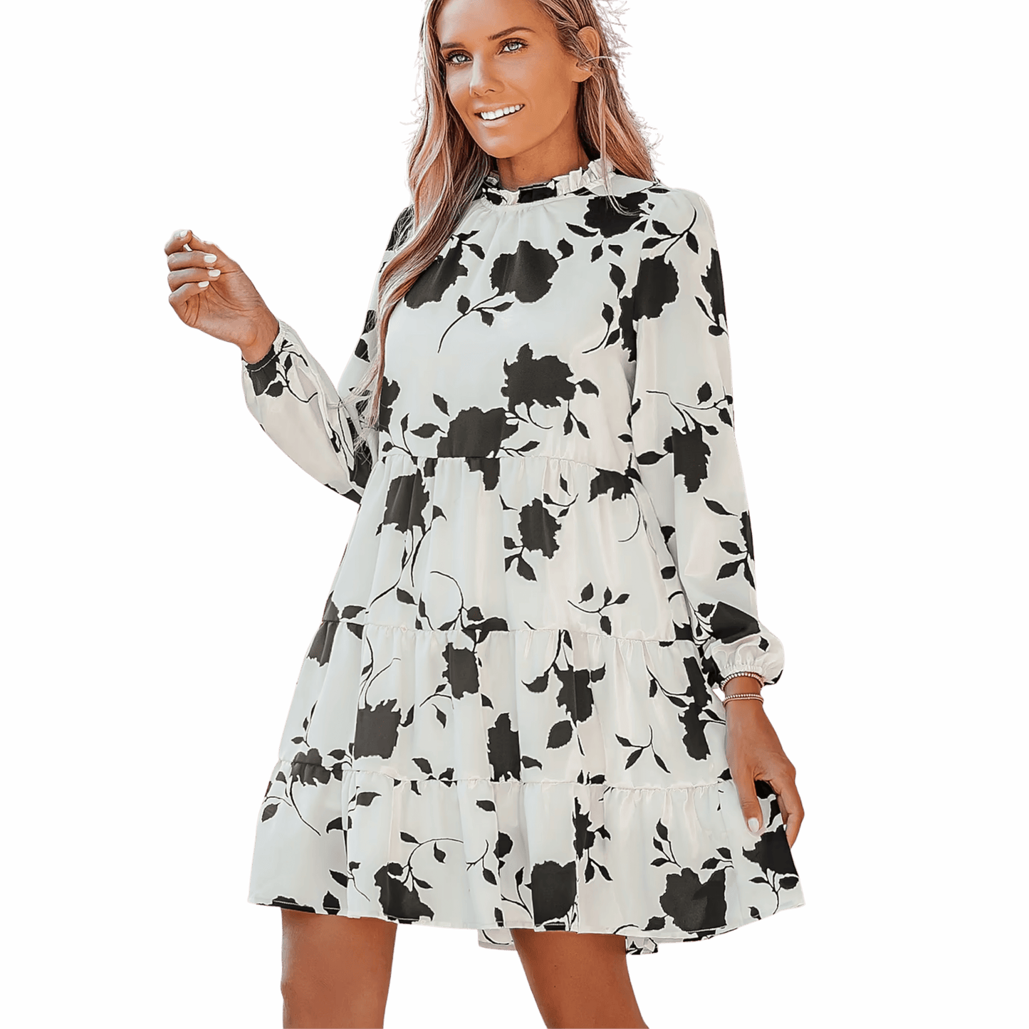 Woman wearing a floral dress on a gray background