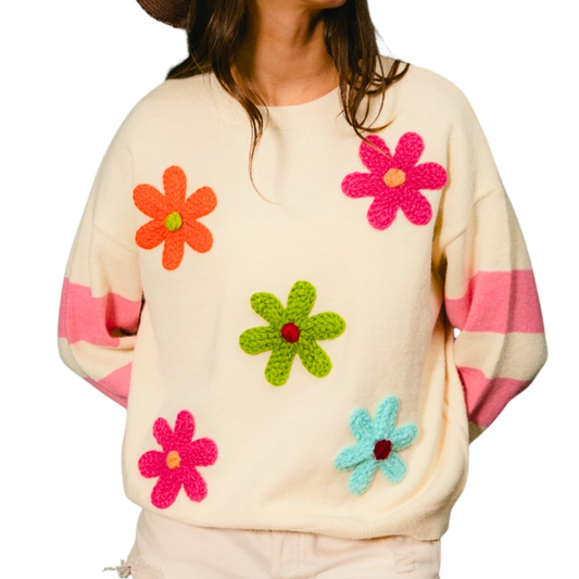 BiBi Colorful Floral Patched Sweater with Striped Sleeve