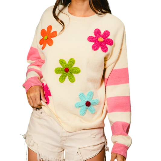 BiBi Colorful Floral Patched Sweater with Striped Sleeve