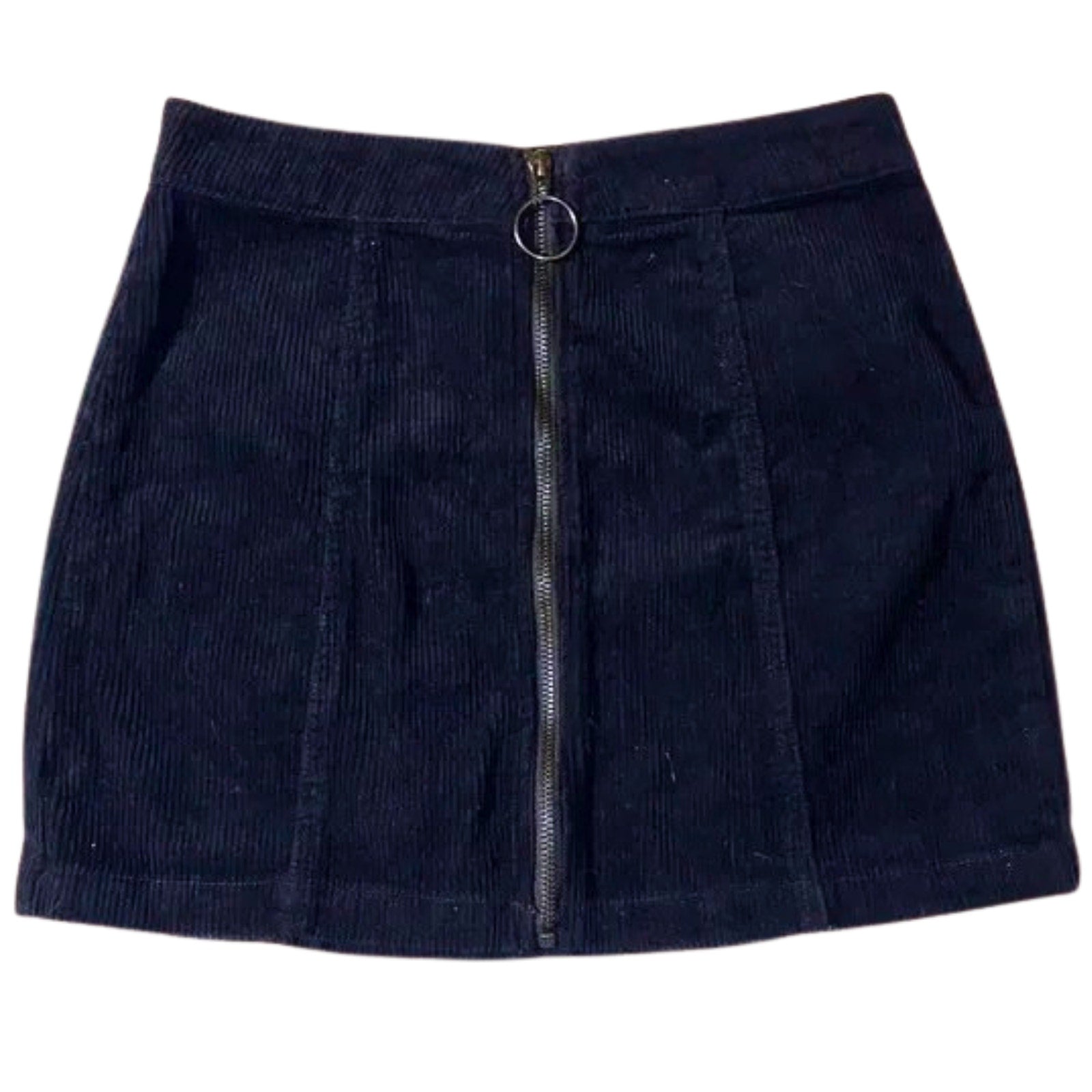 Navy blue corduroy skirt with a zipper on a white background