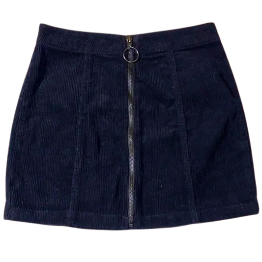 Navy blue corduroy skirt with a zipper on a white background