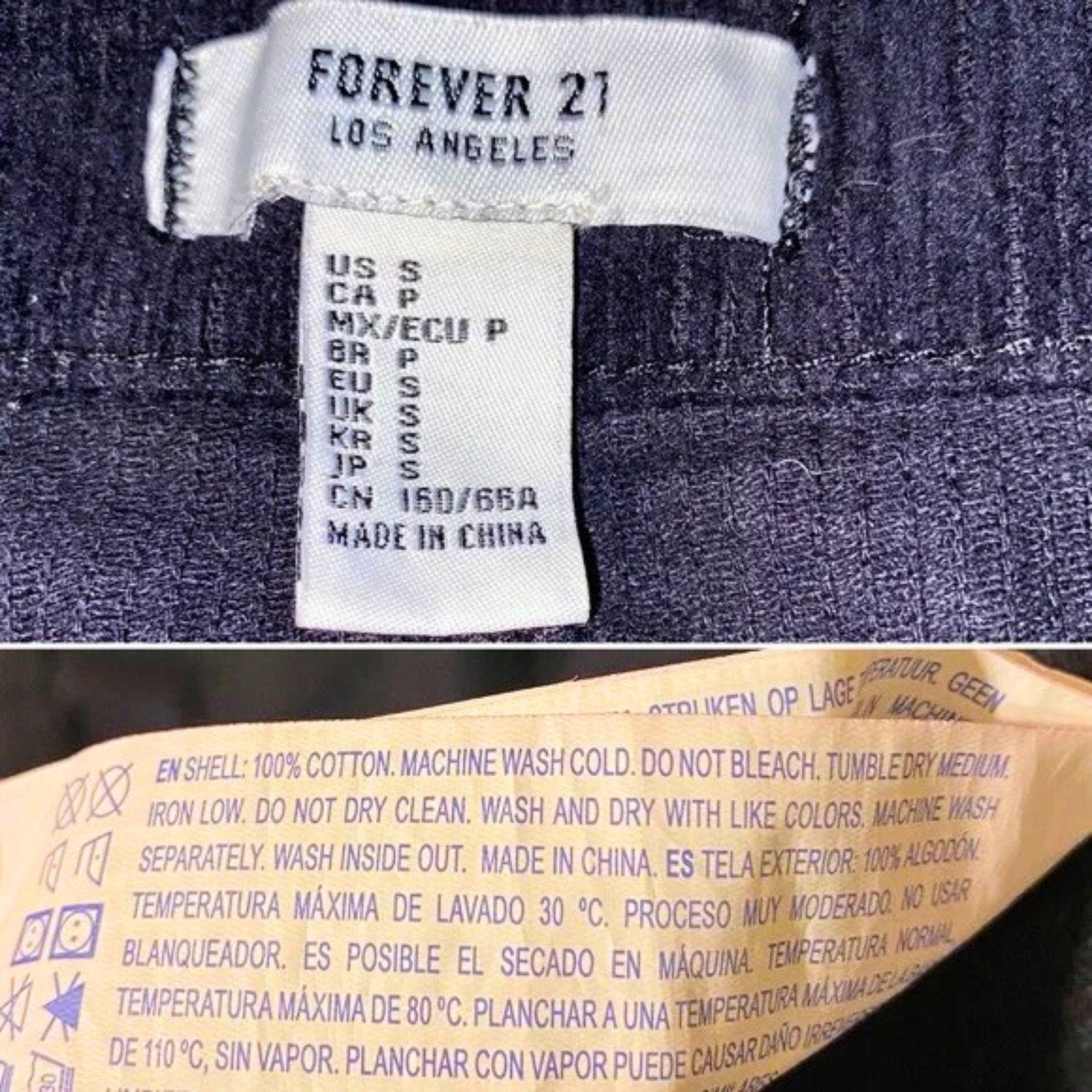 Clothing label with 'Forever 21' branding and size chart on a denim fabric background.