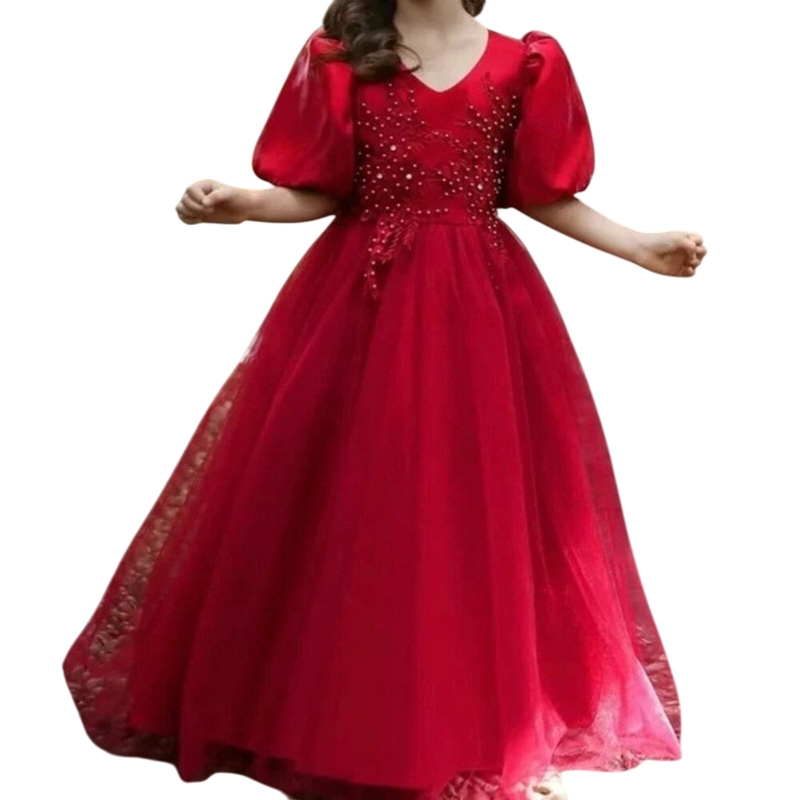 Red evening gown with beaded top and lace details on a white background