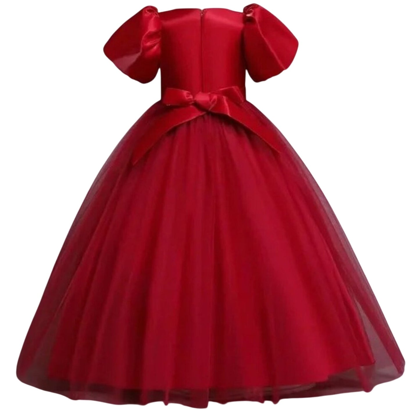 Red satin dress with a bow on a white background