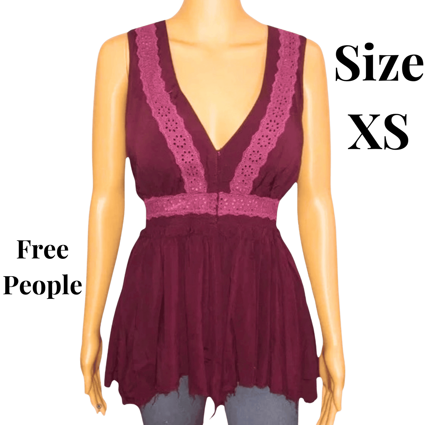 Mannequin wearing a maroon lace top with 'Free People' branding and size 'XS' text.