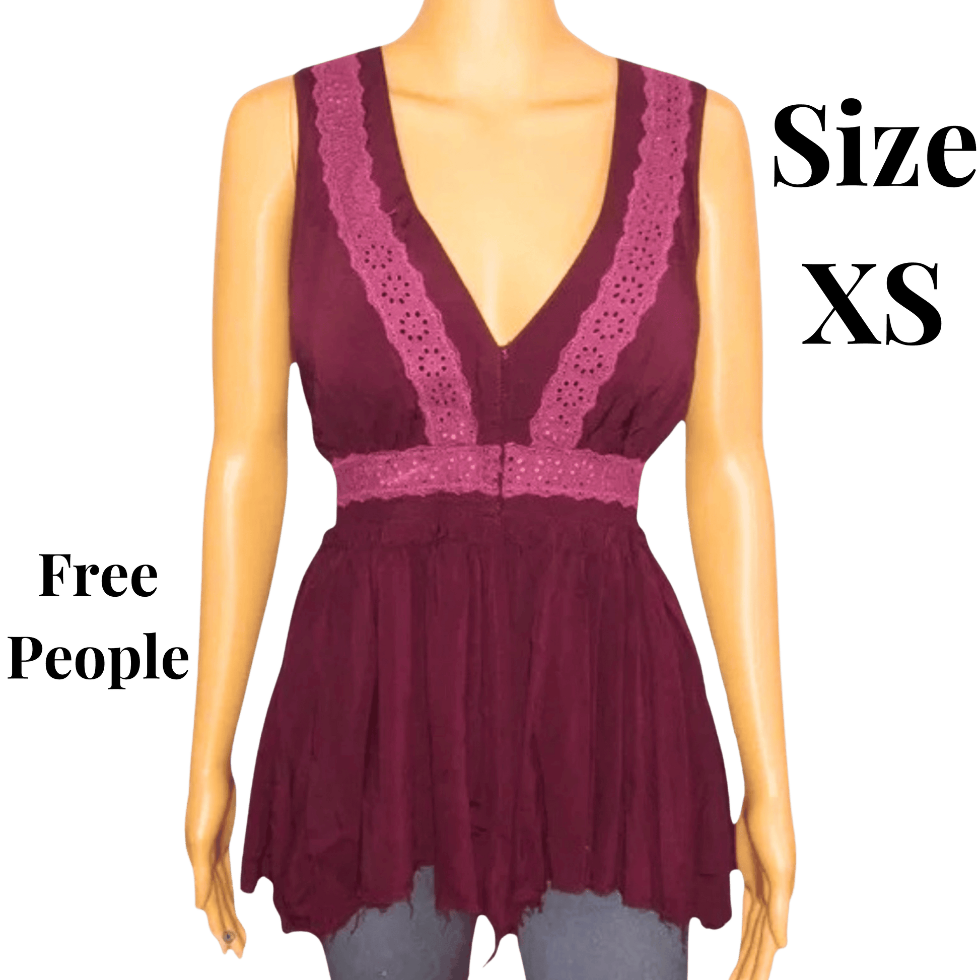 Mannequin wearing a maroon lace top with 'Free People' branding and size 'XS' text.