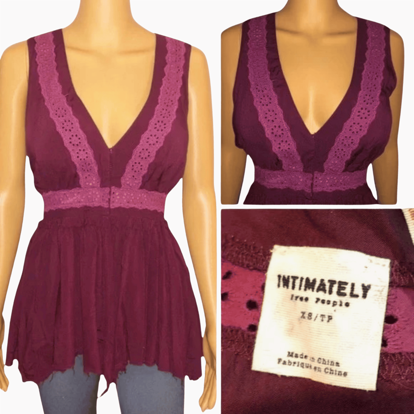 Maroon sleeveless top with lace details on a mannequin, close-up of top, and brand label.