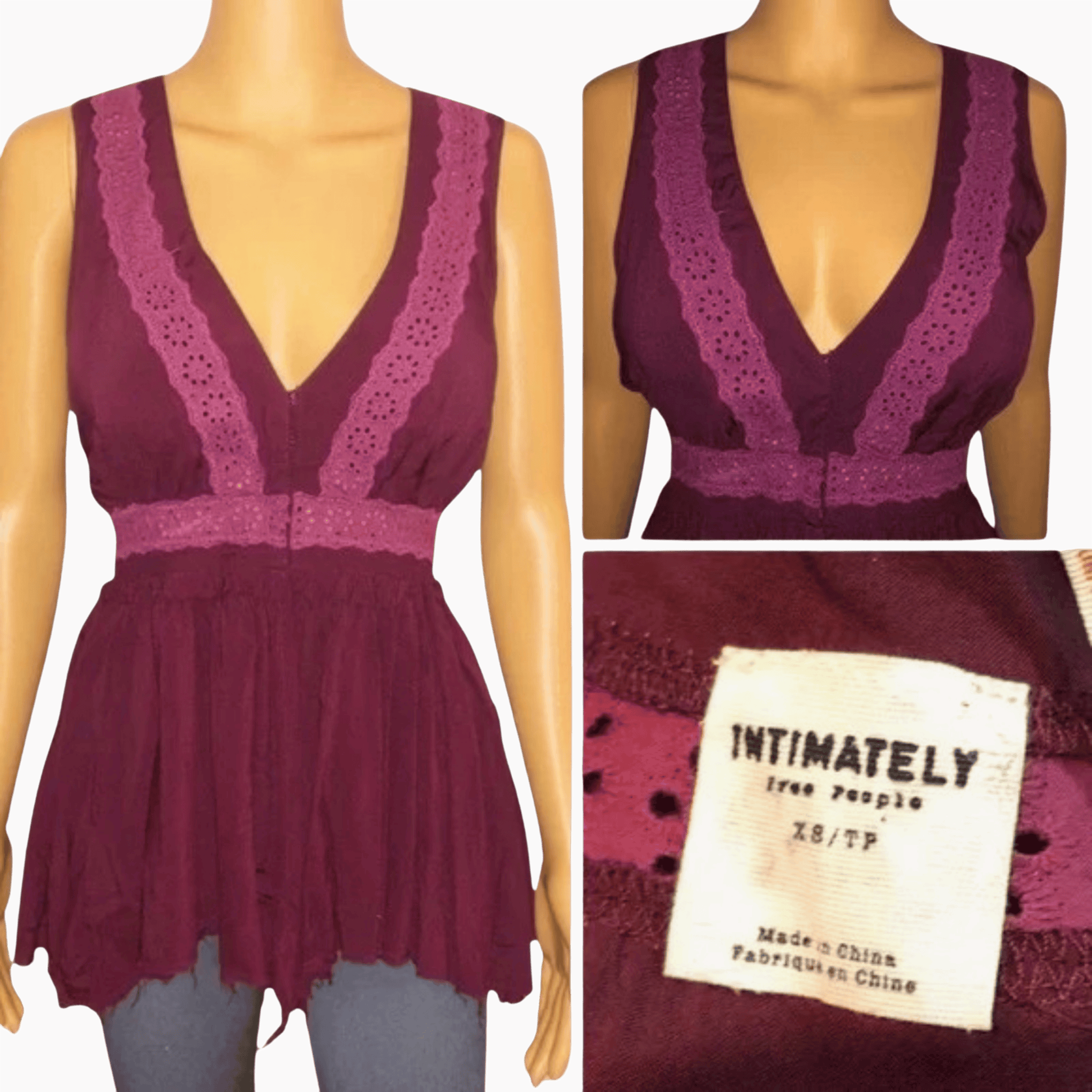 Maroon sleeveless top with lace details on a mannequin, close-up of top, and brand label.