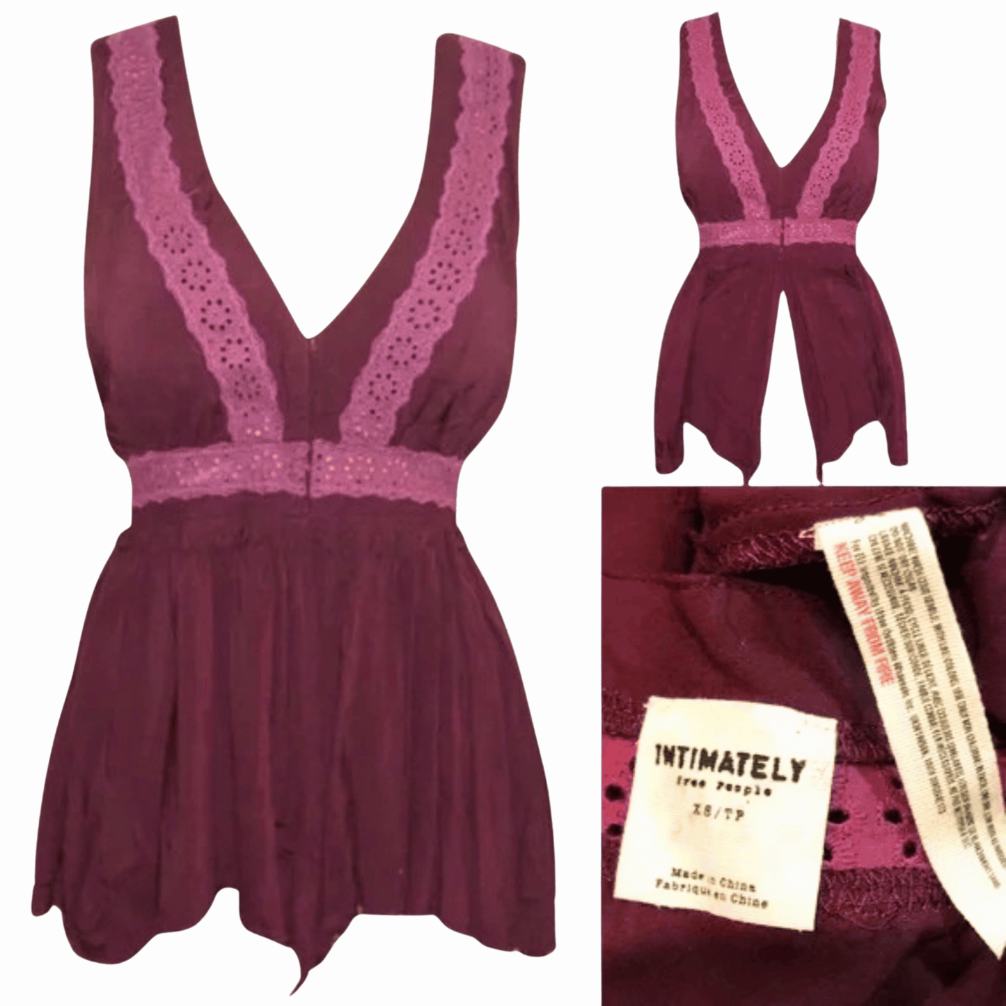 Maroon dress with lace details on a red background, featuring a brand label.