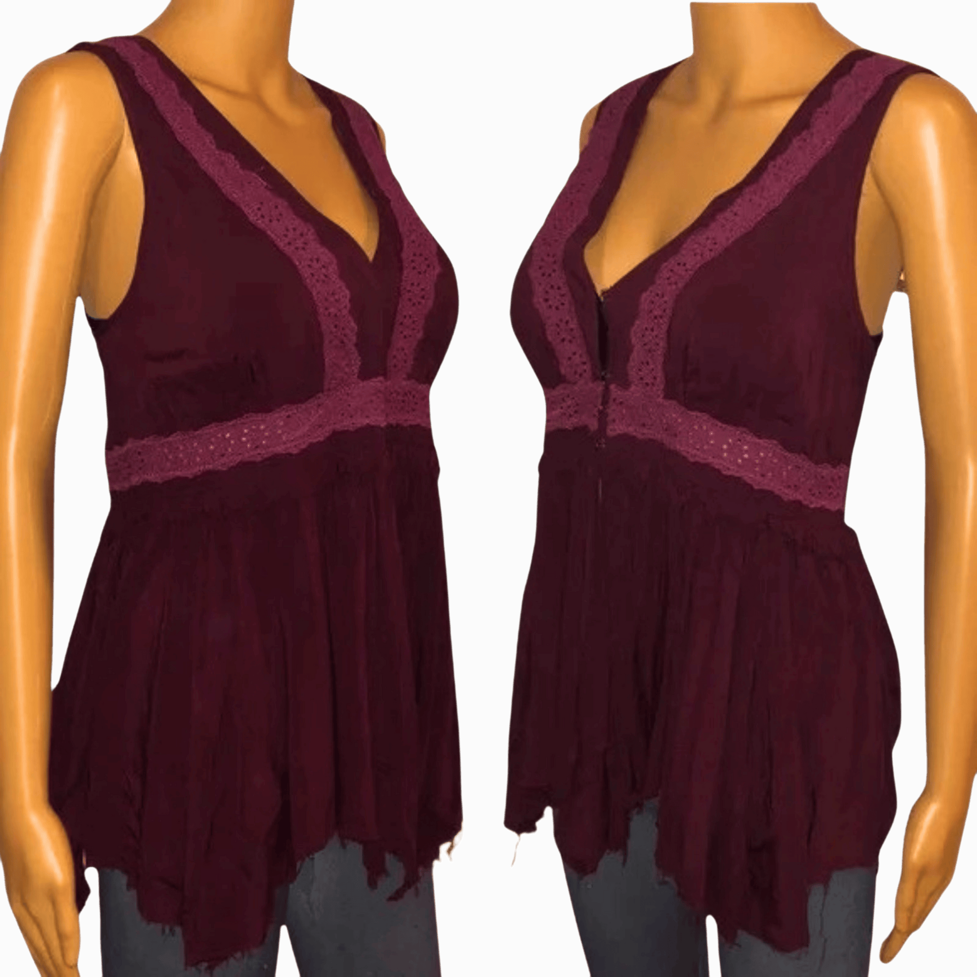 Maroon sleeveless top with lace details on a mannequin against a gray background