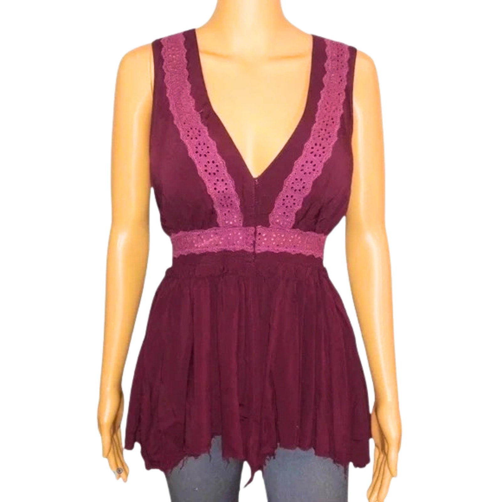 Maroon sleeveless top with lace details on a mannequin against a white background