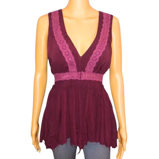 Maroon sleeveless top with lace details on a mannequin against a white background